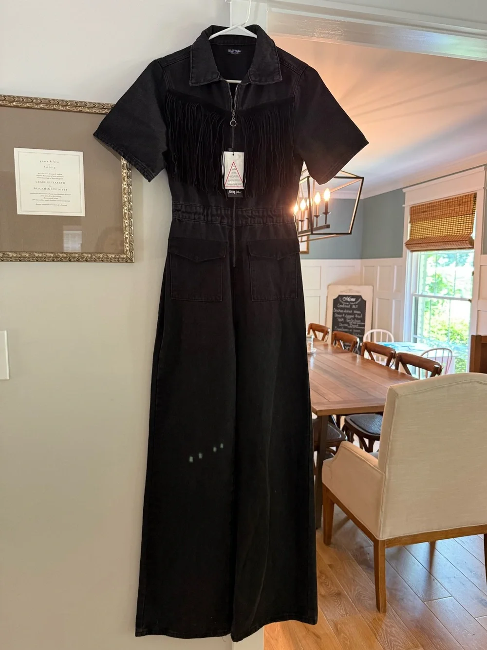 On Our West Behavior Nasty Gal Black Fringe Detail Wide-Leg denim Jumpsuit - Picture 3 of 5